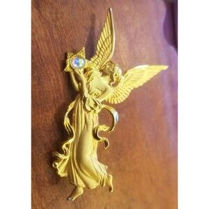 Vintage JJ Jonette Goldtone Angel Holding Star w/ Moonstone Brooch 3.25"x2"